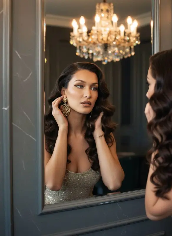Elegant woman in gold dress looking at mirror reflection