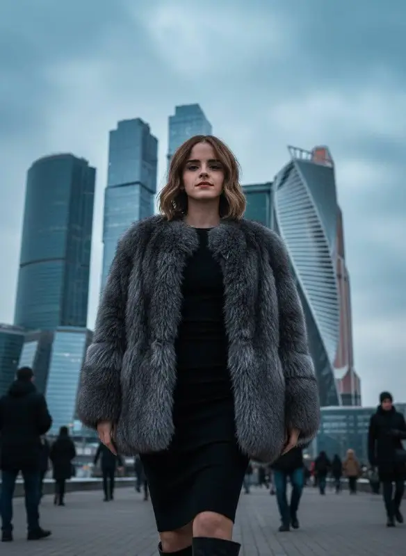 Stylish Woman in Fur Coat Walking Through City Skyscrapers