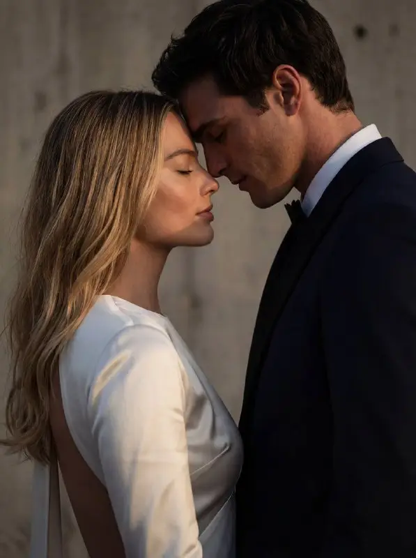 Romantic couple in formal wear leaning foreheads together at sunset