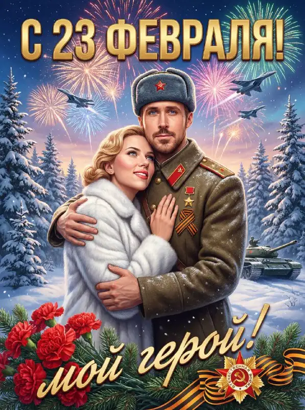 Romantic Military Couple Celebrating with Fireworks in Winter Snow Poster