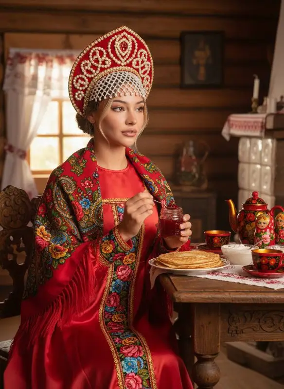 Woman in Ornate Traditional Russian Outfit Having Tea and Pancakes