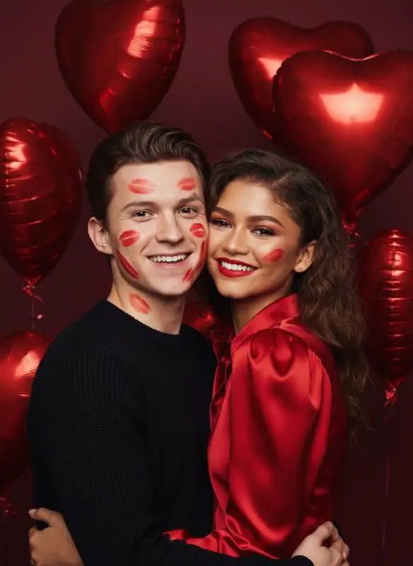 Smiling couple celebrating Valentine's Day with red heart balloons and kisses