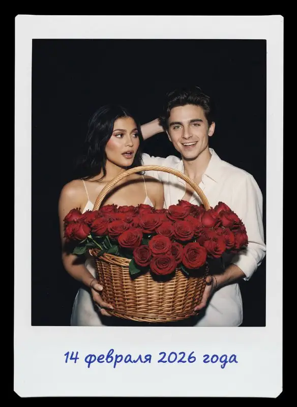Romantic young couple posing with large basket of red roses