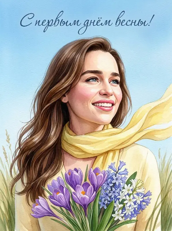 Watercolor Portrait of Smiling Woman Holding Spring Flowers