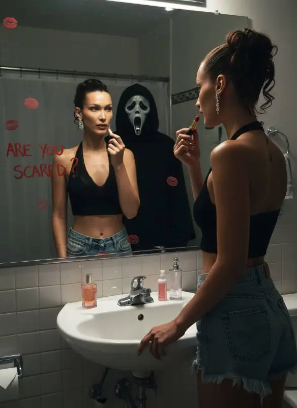 Cinematic horror scene of woman in mirror with masked figure