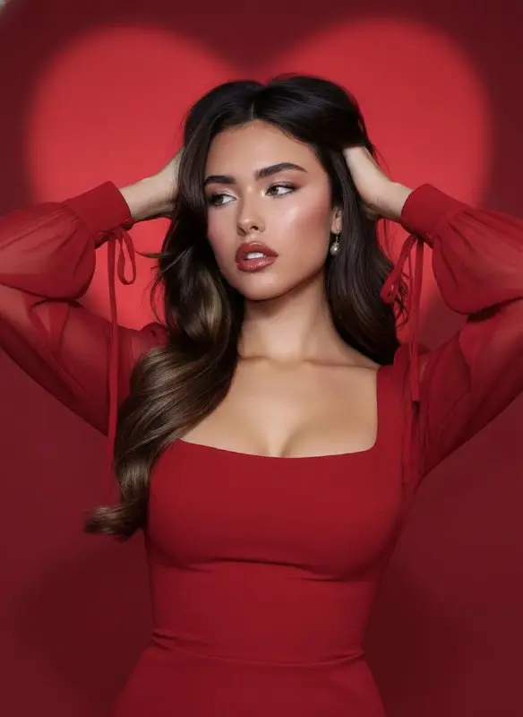 Elegant Young Woman in Red Dress with Heart Backdrop