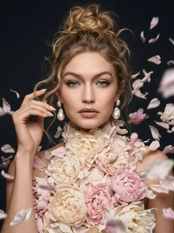 Elegant Blonde Woman Wearing Dress Made of Pink Flowers