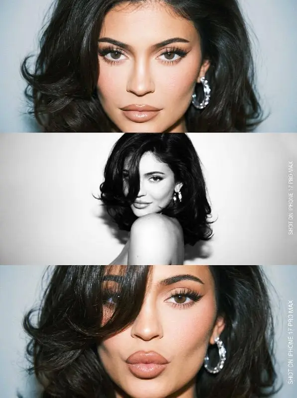 Glamorous portrait collage of woman with voluminous dark wavy hair