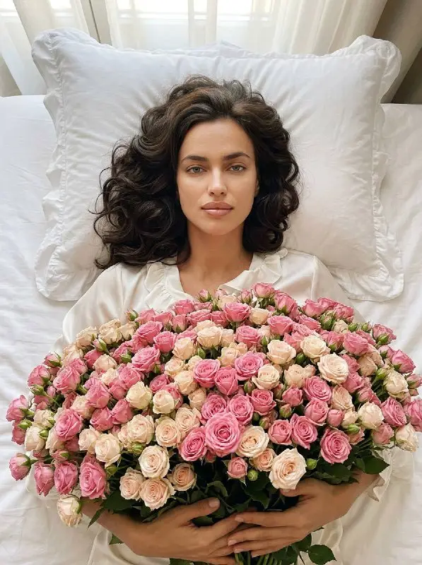 Beautiful woman lying in bed holding massive pink rose bouquet