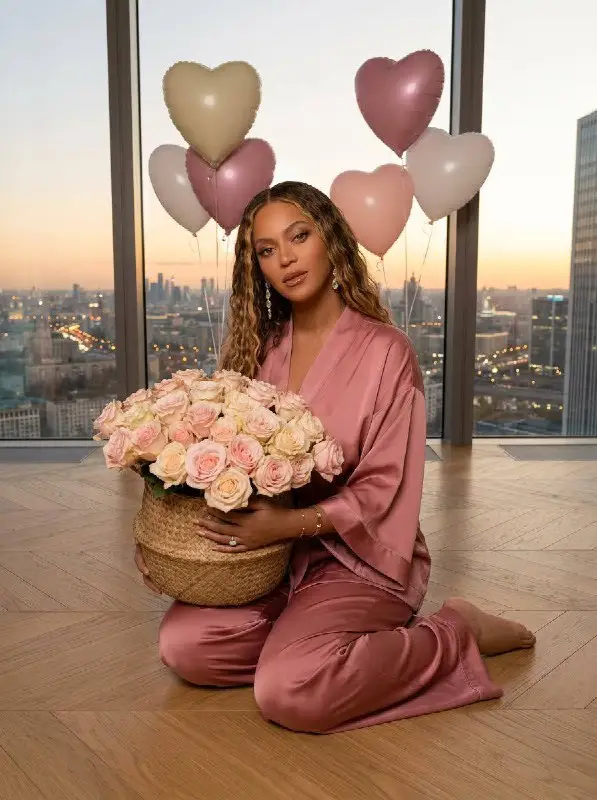 Woman celebrating with roses and heart balloons at city sunset