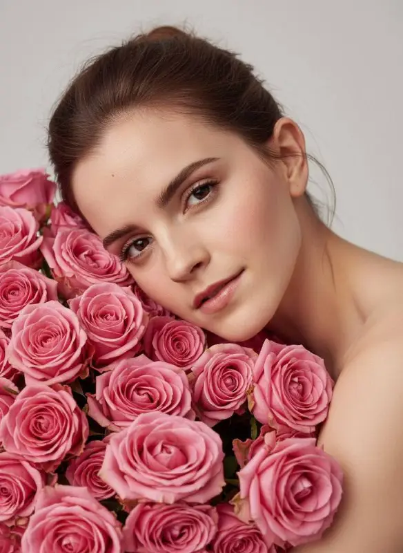 Beautiful young woman resting her head on pink rose bouquet