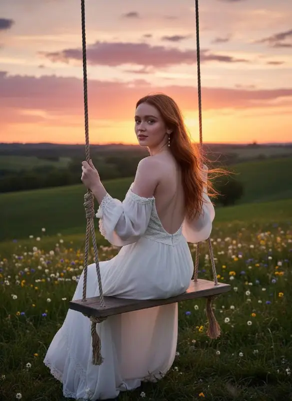 Redhead woman in white dress on swing at golden hour sunset