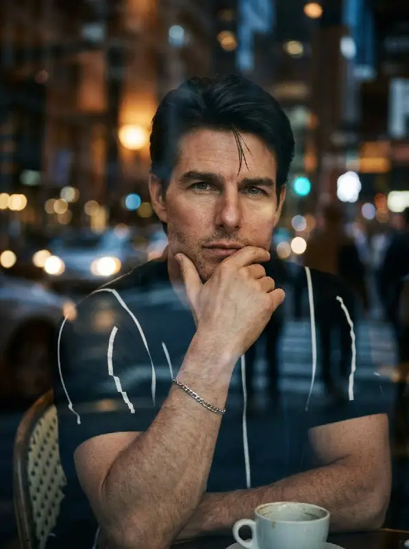 Thoughtful man sitting at a city cafe at night portrait