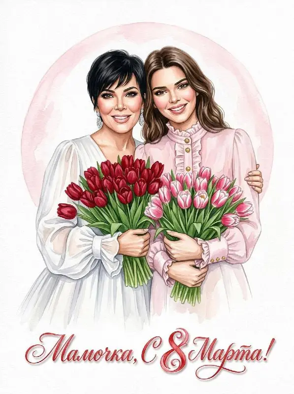 Mother and Daughter with Tulips for International Women's Day Illustration