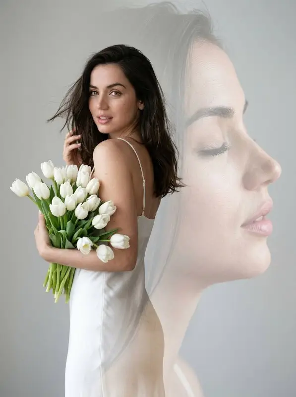Elegant woman holding white tulips with artistic double exposure portrait