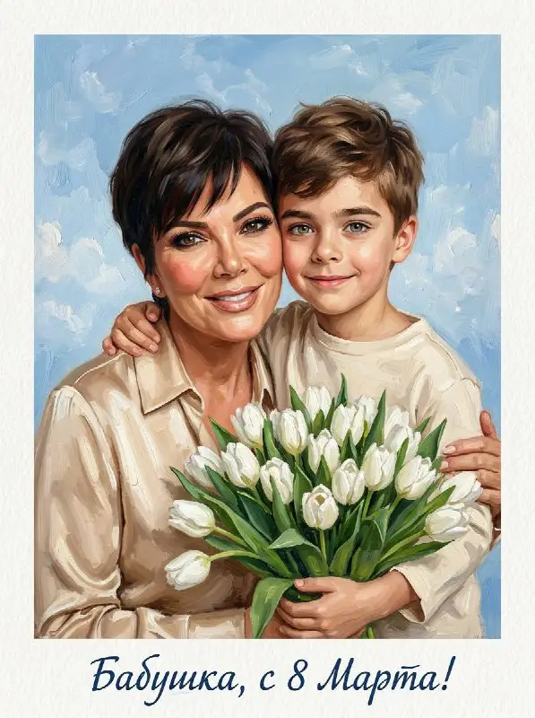 mother and son Portrait with White Tulips Oil Painting
