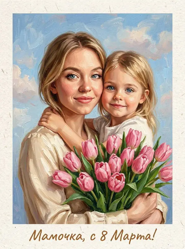 Mother and Daughter Oil Painting Holding Pink Tulips for Women's Day