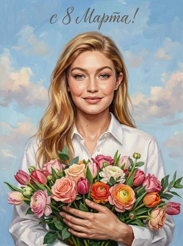 Woman holding colorful flowers for International Women's Day painting