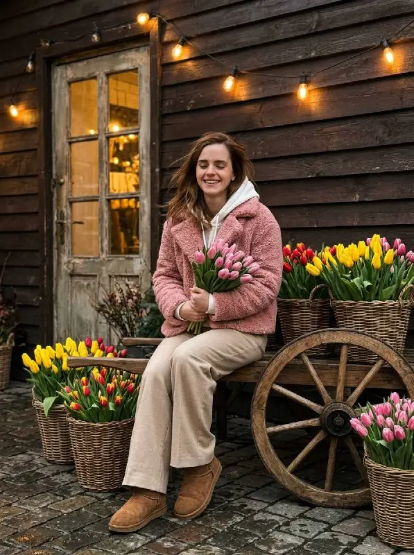 Smiling woman holding pink tulips at a rustic flower market