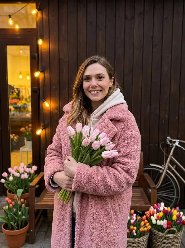 Smiling Woman in Pink Teddy Coat Holding Fresh Pink Tulips