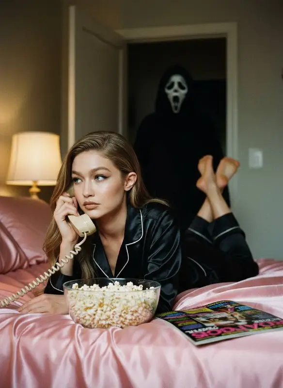 Cinematic horror scene woman on vintage phone with scary masked figure