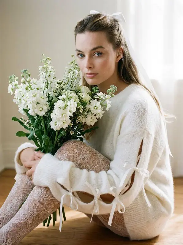 Elegant woman in white sitting with bouquet of white flowers