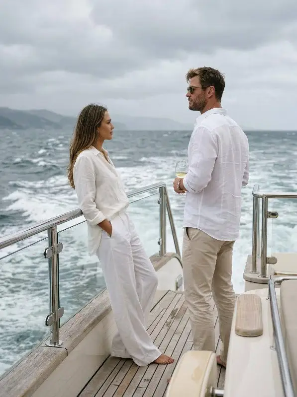 Elegant couple in white linen outfits talking on a luxury yacht
