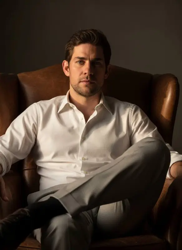 Confident man sitting in brown leather chair with moody lighting