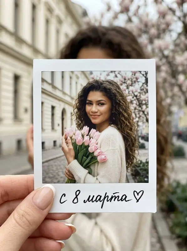 Woman holding pink tulips in instant photo for Women's Day