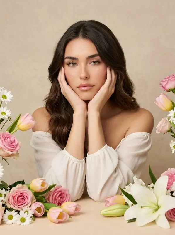Elegant Woman Portrait Framed by Pink and White Spring Flowers