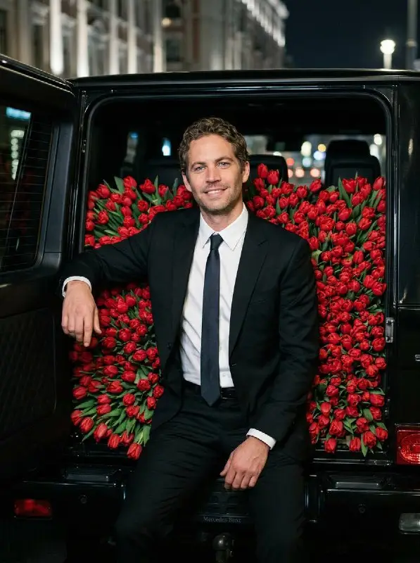 Handsome Man in Black Suit with SUV Trunk Full of Tulips