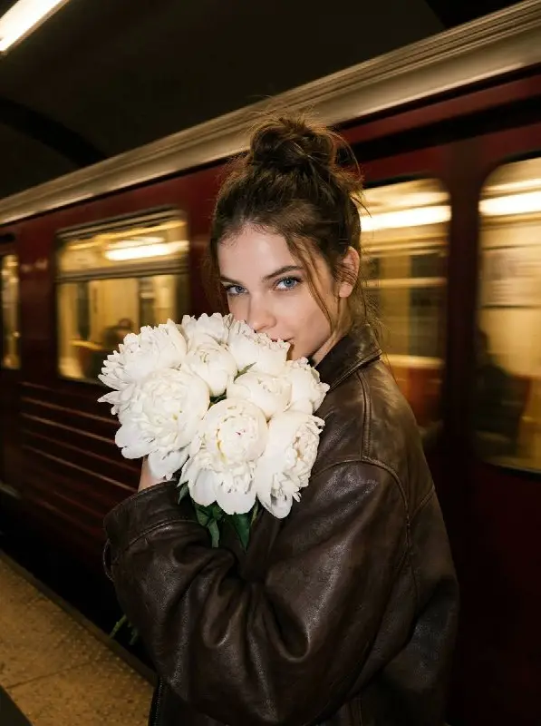 Aesthetic woman in leather jacket holding white bouquet in subway