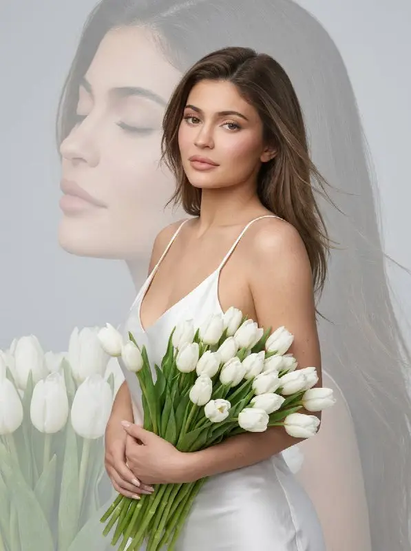 Elegant woman holding a bouquet of white tulips portrait