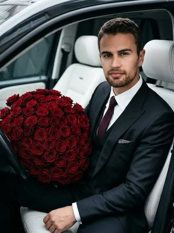 Handsome man in suit holding massive red rose bouquet in car