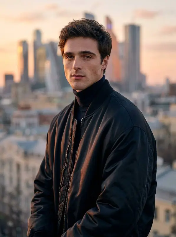 Handsome young man in black jacket with sunset city skyline