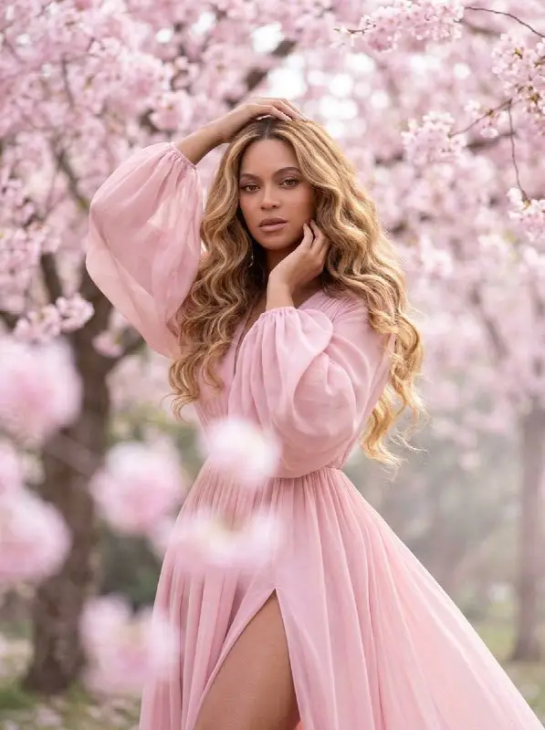 Elegant woman in pink flowing dress among cherry blossom trees