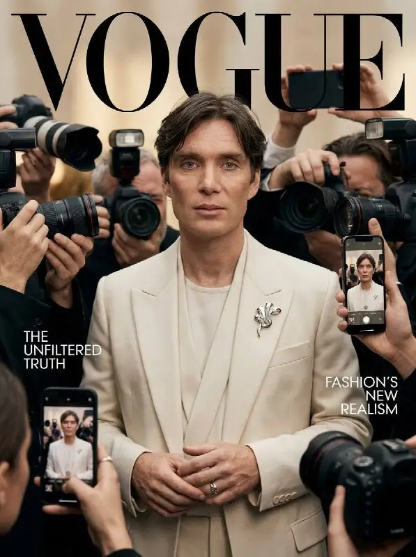 Man in cream suit surrounded by paparazzi on magazine cover
