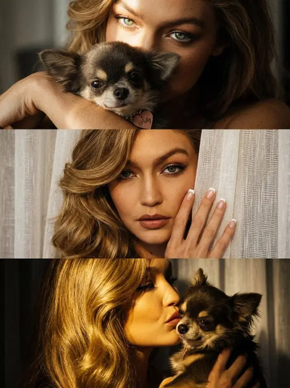 Beautiful blonde woman with small chihuahua puppy aesthetic collage