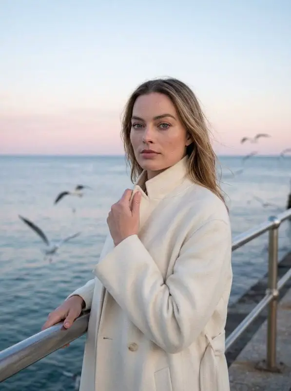 Portrait of a blonde woman in cream coat by the sea
