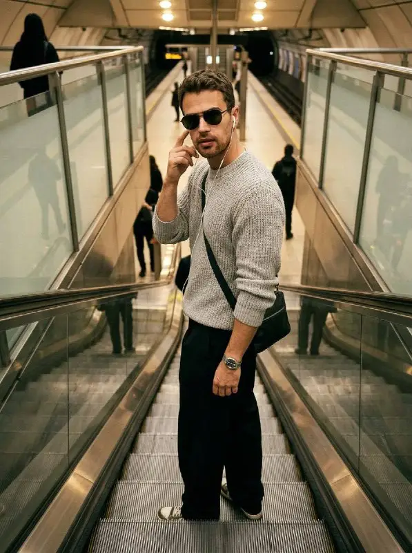 Handsome man in grey sweater on subway station escalator