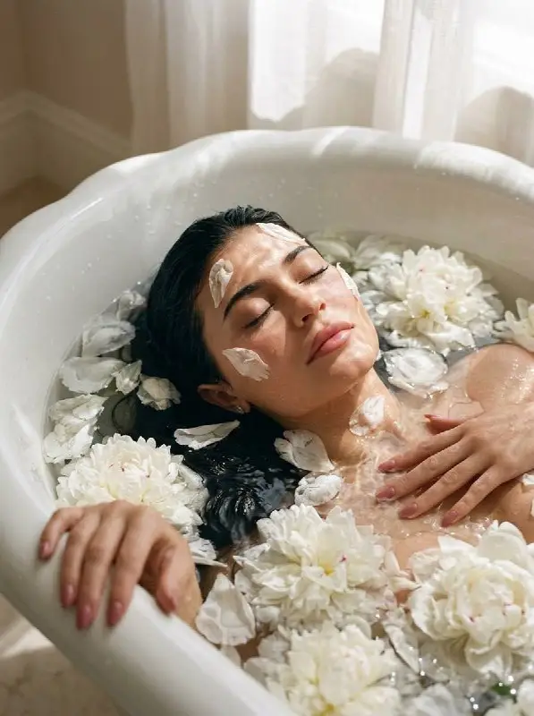 Aesthetic woman relaxing in bathtub filled with white flowers