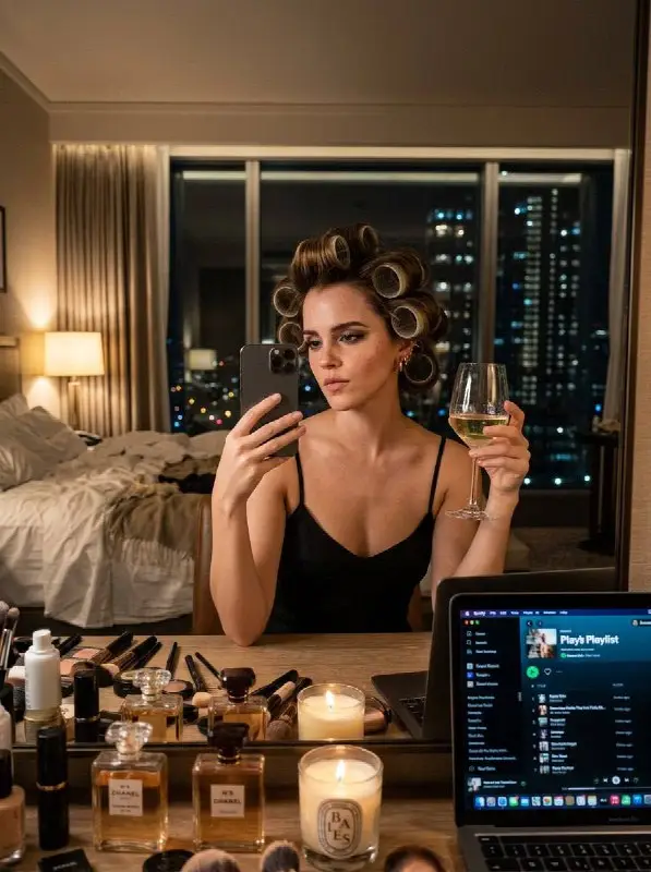 Woman in hair rollers taking mirror selfie with wine glass