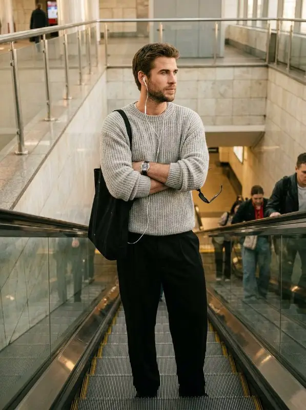 Casual man in grey sweater standing on subway station escalator