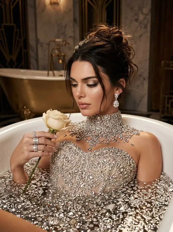 Elegant woman in diamond bathtub holding a white rose