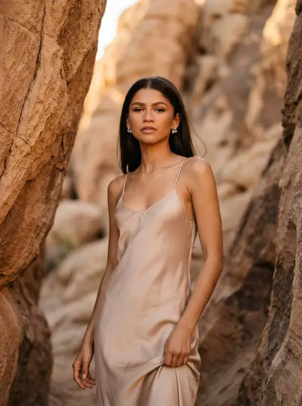 Young woman in elegant satin dress posing in desert canyon