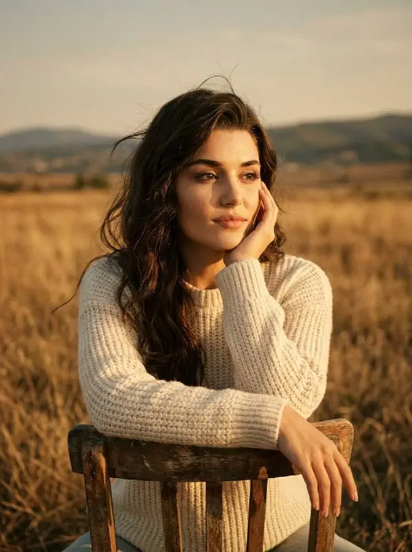 Pensive woman in knit sweater sitting in golden field at sunset