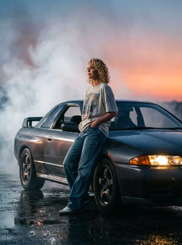 Woman with curly hair leaning on sports car during sunset smoke