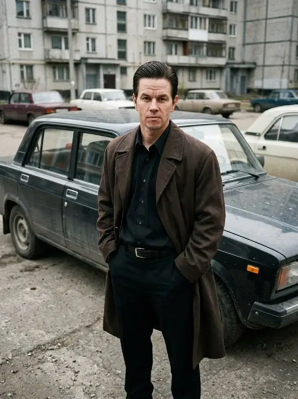 Serious man in brown overcoat standing by vintage cars