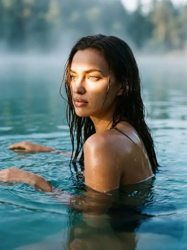 Woman with wet hair swimming in misty lake at sunrise