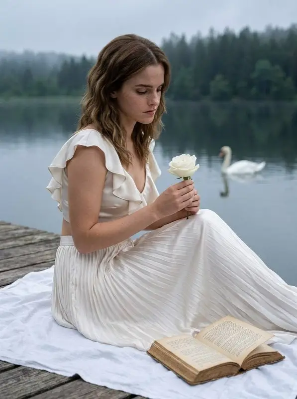 Peaceful woman in white dress reading by a misty lake